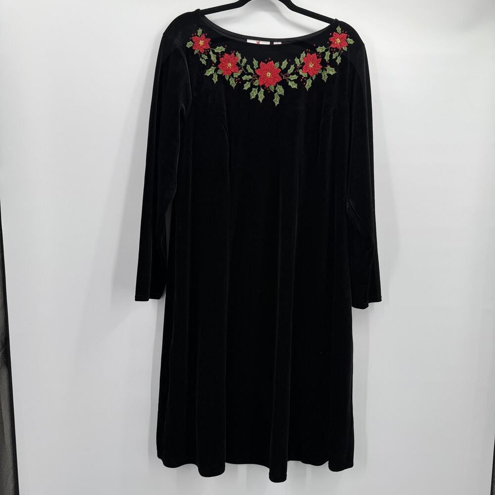 Quacker Factory Velvet Dress Womens‎ 1X Black Red Poinsettia Embroidered Holiday